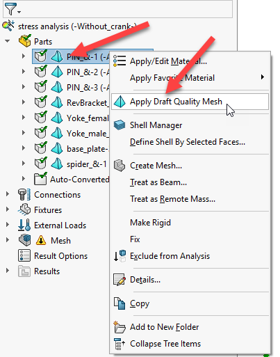 SOLIDWORKS Simulation 2020 Aplicar malha de qualidade de rascunho