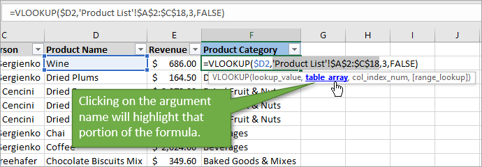 clique no nome do argumento para destacar essa parte da fórmula