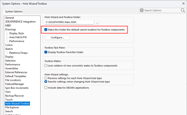 Opção de Sistema do SOLIDWORKS para componentes da Toolbox