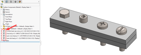 A flag da Toolbox do SOLIDWORKS na Árvore de Recursos